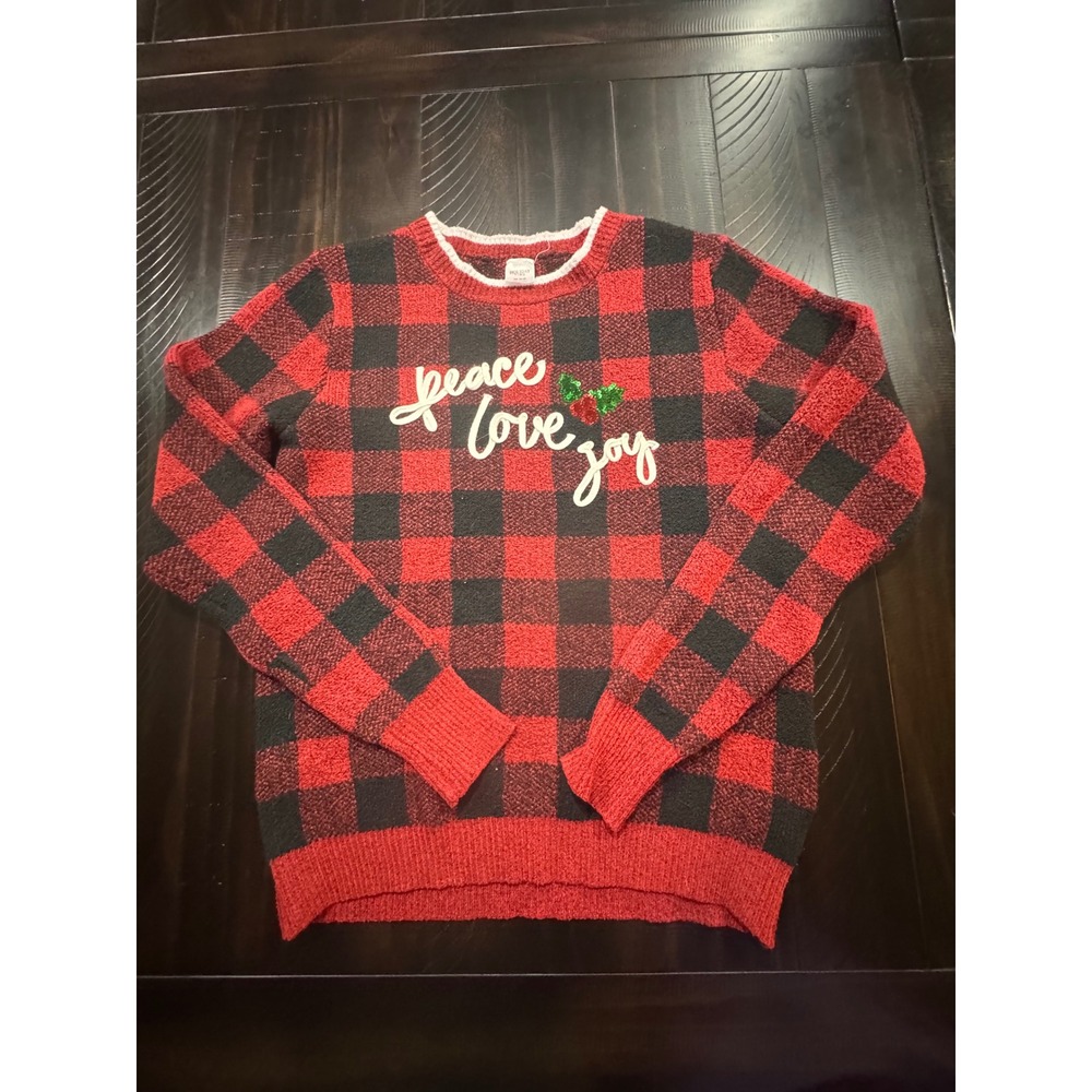 Holiday Time Red Black Buffalo Plaid Peace Love Joy Sequin Sweater XS